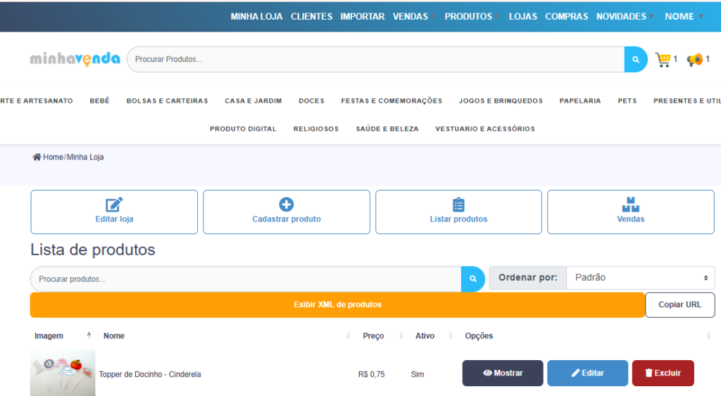 Painel de lista de produtos do minha venda